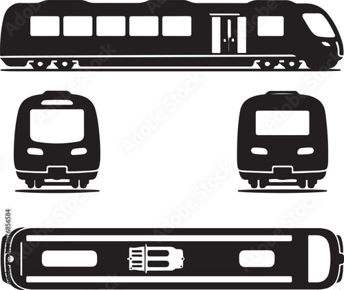 Modern High-Speed Commuter Train Vector Silhouette Icons Set: Side, Front, and Top View Graphic Representation for Public Transportation, Railway Infrastructure, and Travel Symbolism