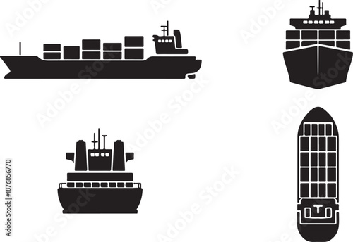 Comprehensive Set of Container Ship Icons Vector Illustration: Four Perspectives (Side, Front, Stern, Top) of Cargo Vessel Silhouettes for Global Logistics and Shipping Industry Design Assets