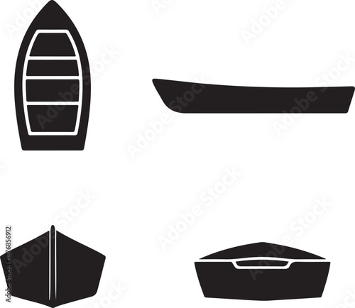 Comprehensive Set of Rowboat Views Icon Vector Illustration: Top, Side, Front, and Stern Silhouettes for Nautical Transportation, Marine Apps, and Dinghy Logistics Design Elements.