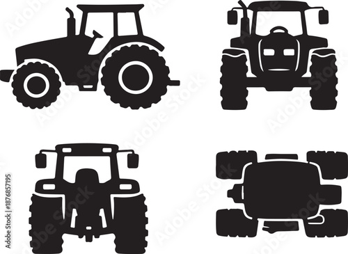Comprehensive Modern Tractor Icon Set Vector Illustration: Four Different Perspectives (Side, Front, Rear, Top View) Silhouettes for Farming, Agriculture, and Heavy Machinery Graphics