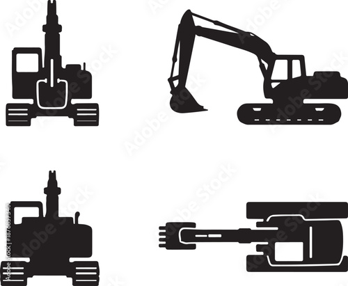 Heavy Machinery Excavator Silhouette Vector Set: Detailed Industrial Digger Icons from Multiple Perspectives (Side, Front, Top View) for Construction, Engineering, and Site Equipment Graphics.