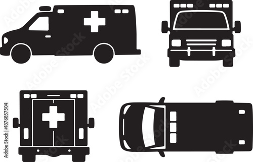 Comprehensive Ambulance Icon Set Vector Illustration: Black Silhouettes of Emergency Medical Service Vehicle from Side, Front, Rear, and Top Perspectives for UI/UX Design and Rescue Graphics.