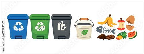 Waste Sorting and Composting Concept with Recycling Bins and Food Scraps