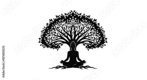 Silhouette of person meditating as a tree of life symbolizes growth and inner peace.