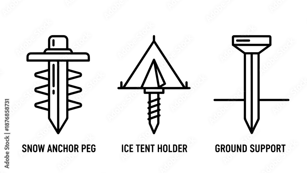Fototapeta premium Essential outdoor equipment icons: snow anchor peg, ice tent holder, and ground support stake. Crucial for camping, mountaineering, and survival in challenging winter conditions.