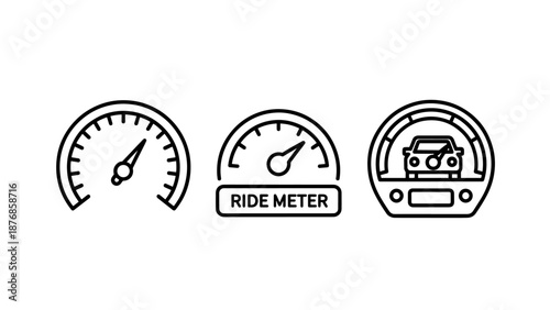 Three minimalist icons representing speed and driving: speedometer, tachometer, and car dashboard with driver. Ideal for automotive, transport, and travel apps.