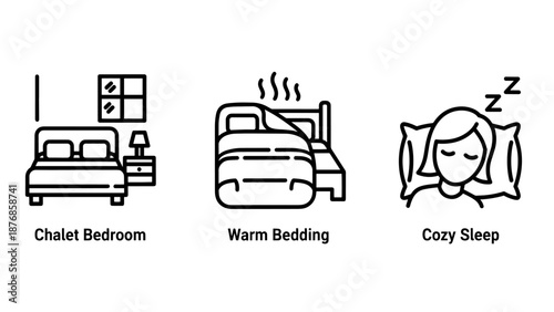 Cozy bedroom icons for a tranquil sleep experience: chalet bedroom, warm bedding, and a sleeping person. Evokes comfort, relaxation, and restful nights.