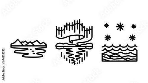 Nature and celestial icons: mountain range, aurora borealis over water, and snowflakes on waves. Captures the magic of winter landscapes and natural phenomena.