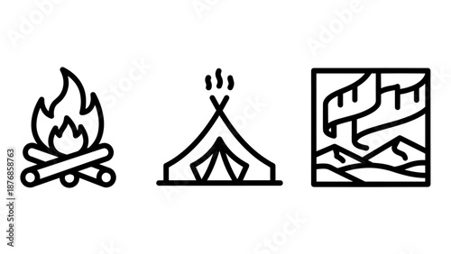 Camping and mountain icons: a campfire, a tent, and a mountain landscape. Represents outdoor adventures, hiking, and wilderness survival.