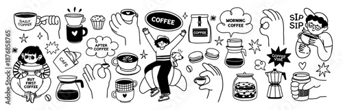 Coffee. Simple doodle coffee elements. Sketch stickers with coffee lover characters, cup, mug, dessert. Badges for cafe, coffee shop branding, social media. Vector set