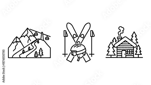 Winter sports and cabin icons: ski lift and mountains, crossed skis and helmet, and a snow-covered cabin. Perfect for promoting ski resorts, winter activities, and cozy alpine getaways.