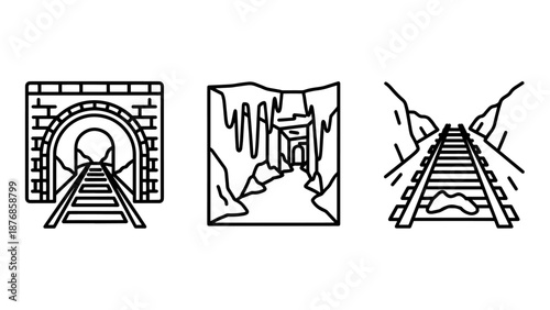 Tunnel Entrance and Railway Icons: A brick archway, cave, and railroad tracks disappearing into the distance, symbolizing journeys.