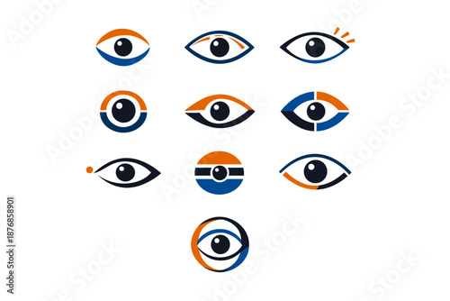 A set of 13 simple and elegant eye icons in an ultra-minimalist flat vector style: navy blue/black (contours and pupils), bright orange (accents, semicircles, lines, dots), blue (some details).