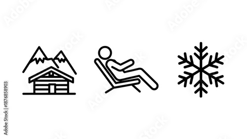 Winter Relaxation Icons: Mountains behind a house, person relaxing in a chair, and snowflake, suggesting a peaceful mountain getaway in the snow.