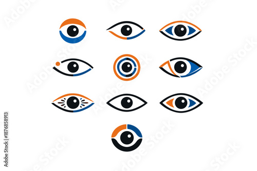 A set of 13 compact eye icons in a clean flat/minimalist vector style with a limited palette: navy blue/black (contours and pupils), blue (some details), orange (accents, semicircles, lines).