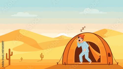 Campers Waking Early Yawning In Desert On Vacation In Morning Sunshine