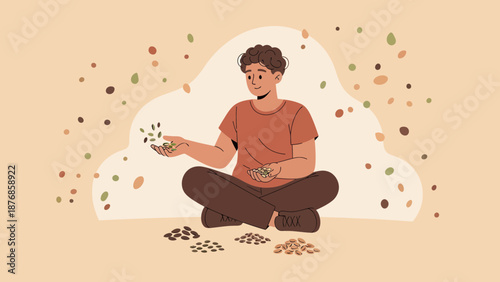 Boy Sits Cross Legged With Seeds Representing Growth And Abundance