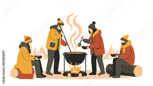 Campers Enjoying A Hot Meal Around A Campfire On A Cold Winter Day