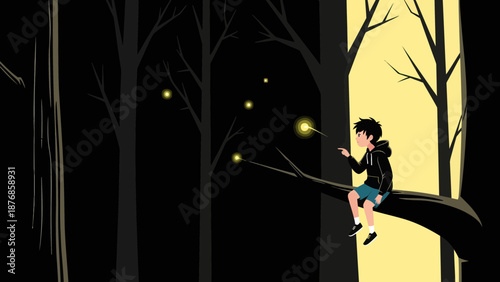 Boy Sits On A Tree Branch Gazing At Fireflies In A Dark Forest At Night