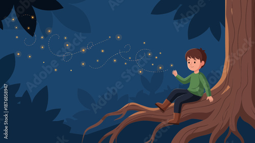 Boy Sits On Tree Branch Watching Fireflies At Night In The Forest