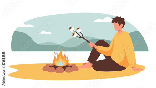 Campfire Fun With Marshmallows Roasted Under Relaxing Peaceful Sky Outdoors