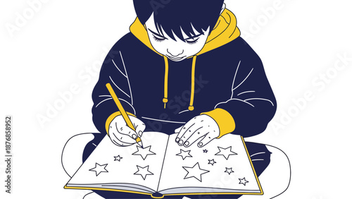 Boy Sitting Cross Legged Drawing Stars In His Notebook Illustration