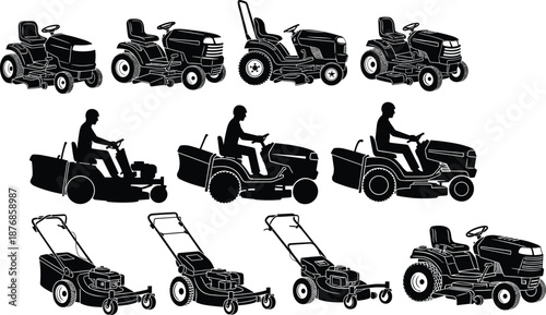 Black Silhouette Vector Illustrations of Riding Lawn Mowers Garden Tractors and Professional Push Lawnmowers with Operators Isolated on White Background for Landscaping Design Icons