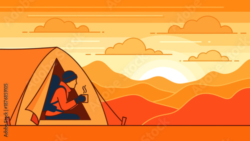 Camping Adventure Morning Enjoying Coffee With Mountain Views Illustration