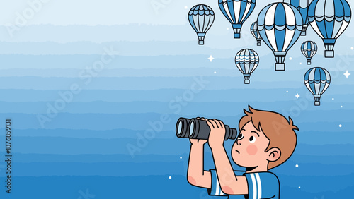 Boy Using Binoculars Looking Up At Hot Air Balloons In The Sky Above Water