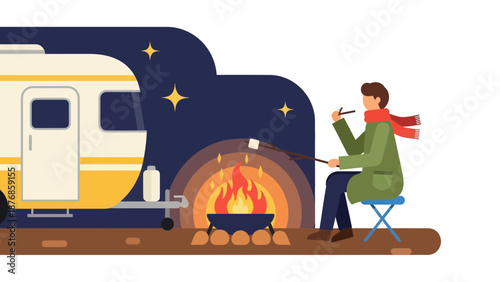 Camping Adventure Under The Stars With Roasted Marshmallows And Travel Trailer