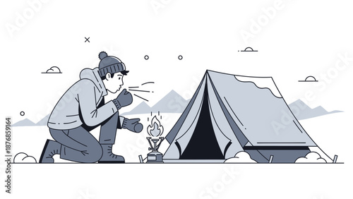 Boy Warming Hands By A Small Camping Stove In Winter Mountains Trip