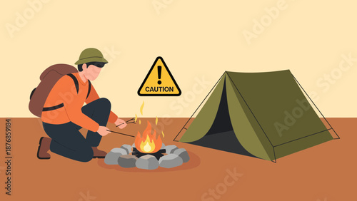 Camping Adventure With Fire Pit And Warning Sign Beside Tent Near Forest