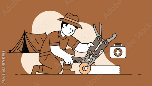 Camping Adventures: Skilled Man Repairing Equipment Near Tent And First Aid Kit