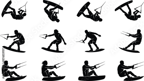 Dynamic collection of black vector silhouettes featuring male wakeboarder performing extreme water sports tricks jumps and riding poses isolated on white background for design