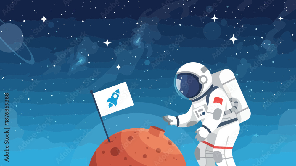Fototapeta premium Brave Astronaut Planting Rocket Flag On Martian Planet In Galaxy Space