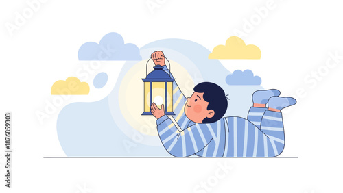 Boy With Lantern In Pajamas Lying On Ground At Night Illustration