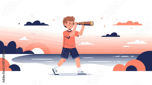 Boy With Spyglass Stands On Ocean Seashore Enjoying The Sunrise Scenery