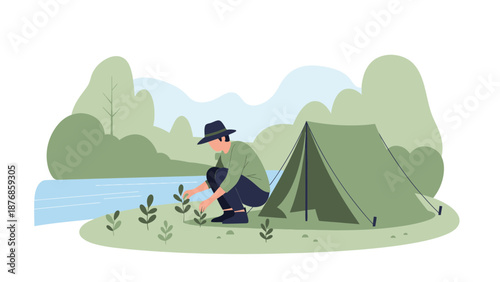 Camping Trip In Nature Man Tending To Plants Near Tent And River