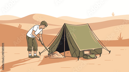 Camping Trip In The Desert Cleaning Sand Near The Tent Illustration