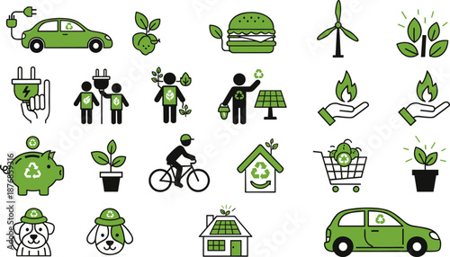 Eco lifestyle icon set featuring sustainable living, renewable energy, plant-based food, recycling, green transportation, and environmental awareness visuals