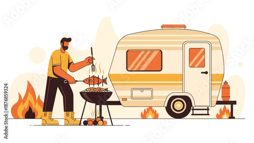 Camping Trip With Grill And Man Cooking Fish Near The Caravan Vacation