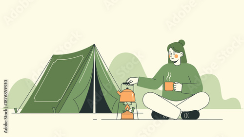 Camping Trip With Tea And Relaxing By The Tent In Nature Illustration