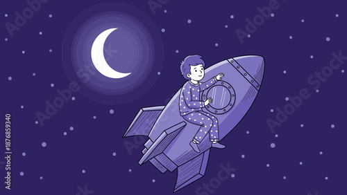 Boy's Dream Journey Through Space On A Rocket With Moon And Starry Background
