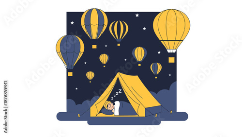 Camping Under Stars With Balloons For A Peaceful Evening And Adventurous Dream