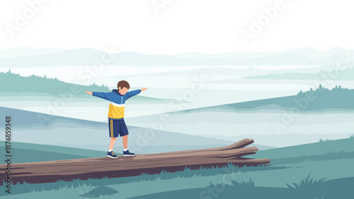 Boy's Adventure: Balancing Act On Log With Mountain Scenery During Outdoor Excursion