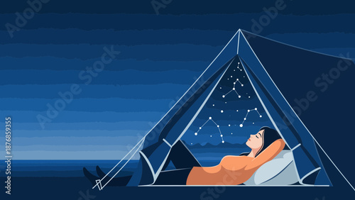 Camping Under The Stars Young Woman Enjoying Nature And Celestial Views