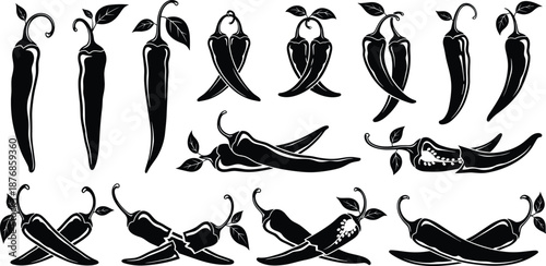 Set of black silhouette chili peppers vector illustrations featuring single, crossed, and sliced hot peppers with leaves for spicy food logos and menus.
