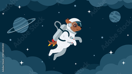 Brave Dog Astronaut Exploring Galaxy With Planets And Stars In Spacesuit And Jetpack