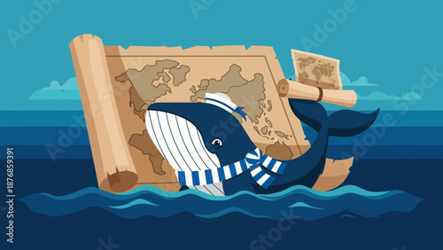 Captain Whale Navigating Oceans With Ancient Maps On Adventures For New Horizons