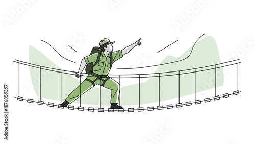 Brave Explorer Crosses A Suspension Bridge And Points Towards Future Destination